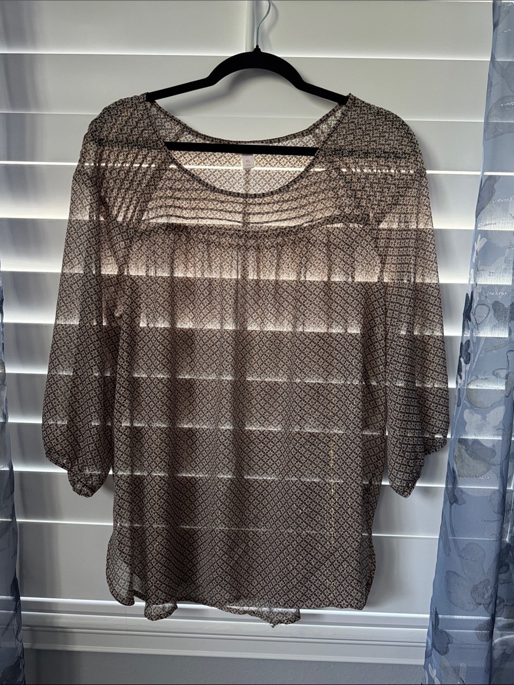 LC Lauren Conrad Brown, Cream and Teal Sheer Patterned Blouse